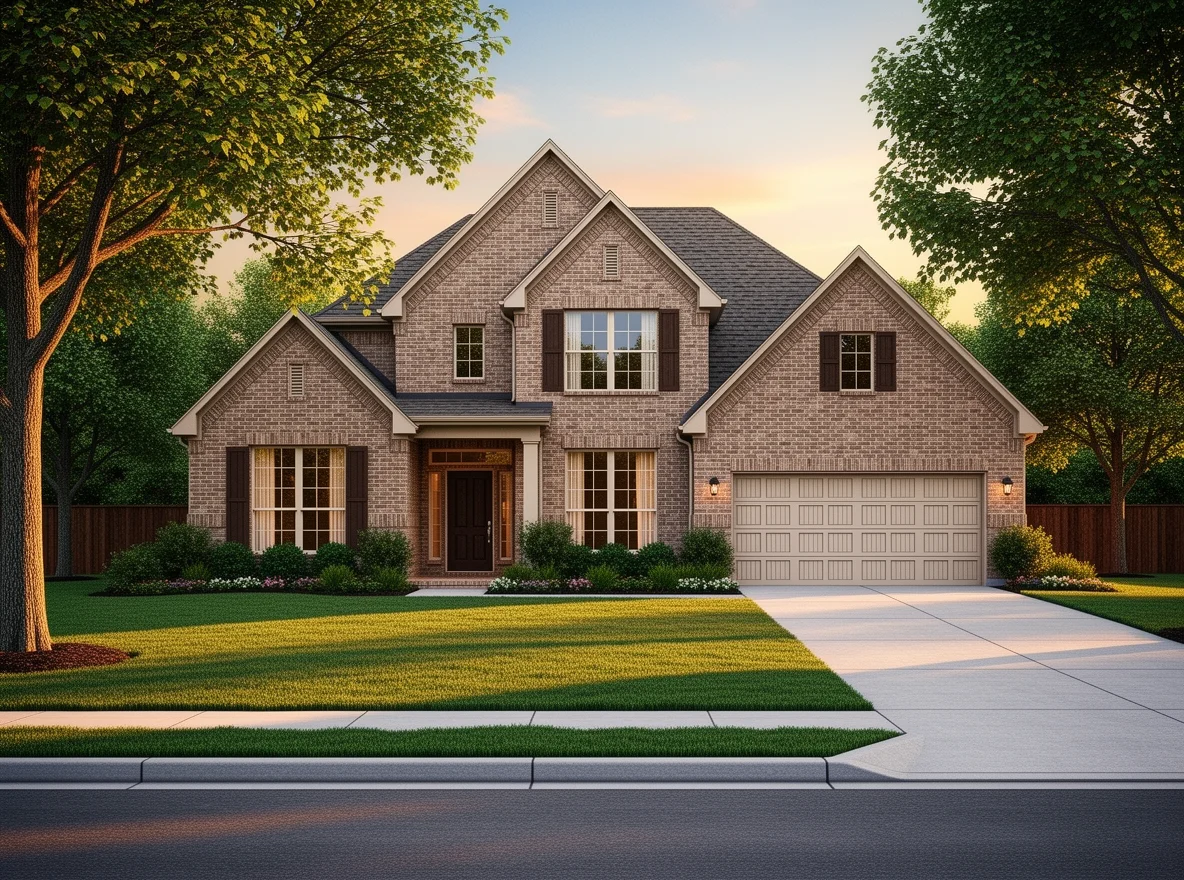 Brick home exterior with mature trees in Plano