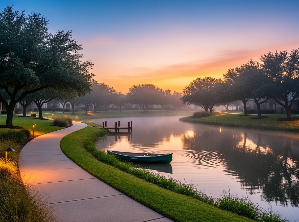 Sunrise over a pond and walking trail in Frisco, Texas