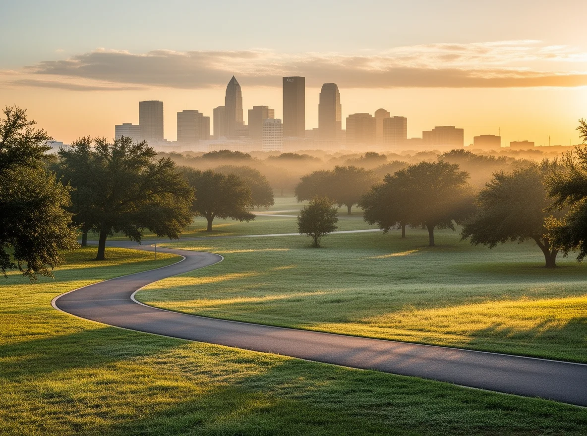 Sunrise view of the Dallas skyline near a park and trail