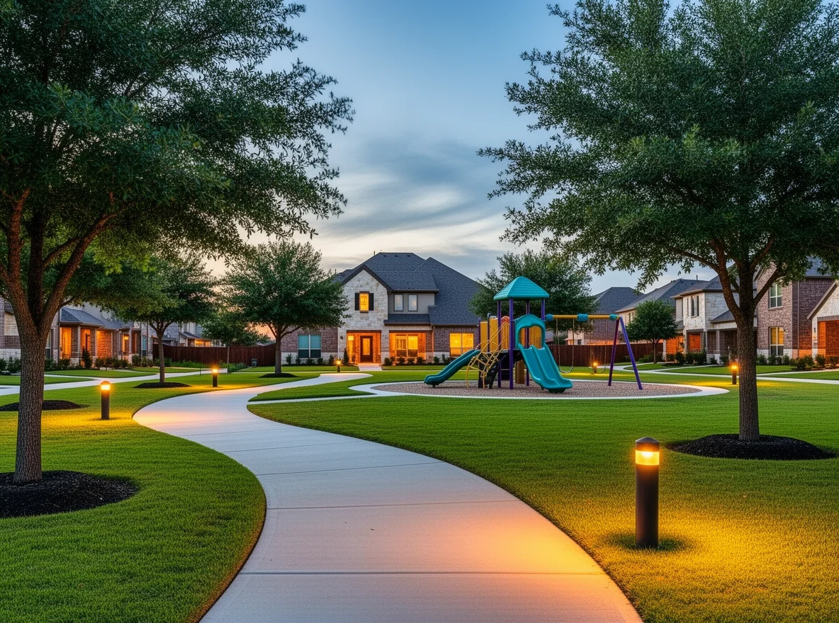 Neighbors walking and jogging near a park trail in Frisco, Texas