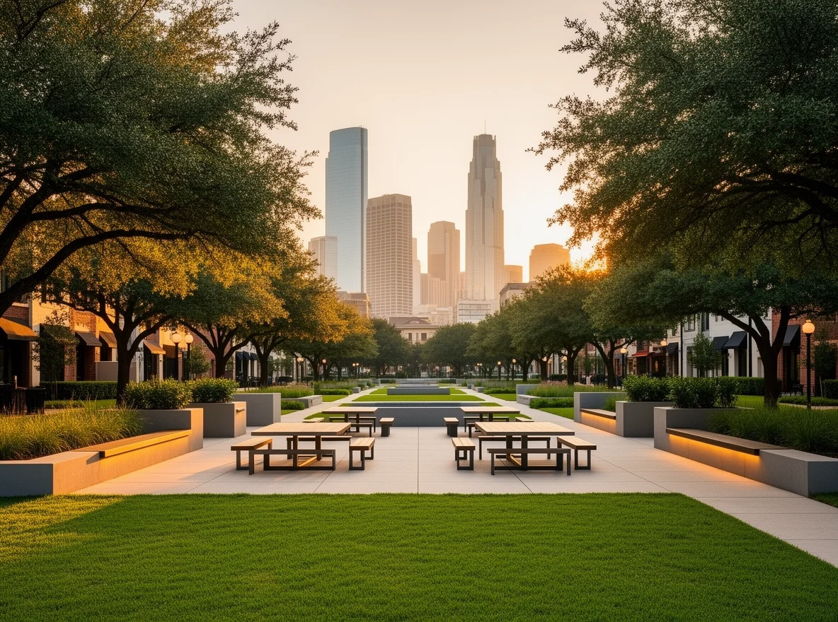 Community gathering in a Dallas park with skyline view