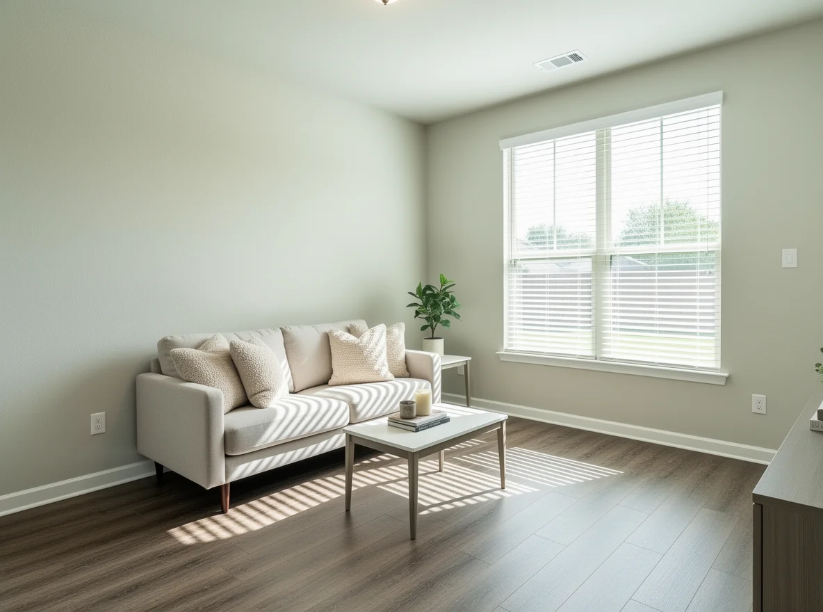 Bright living room with neutral paint, open blinds, and simple staging for showings