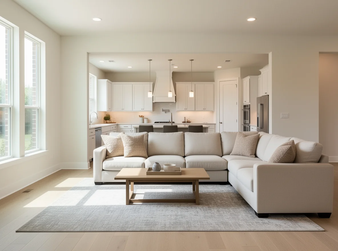 Staged, bright Plano living room with neutral tones and an open layout