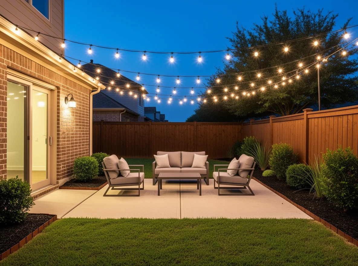 Inviting McKinney backyard patio staged with simple seating and warm evening lighting