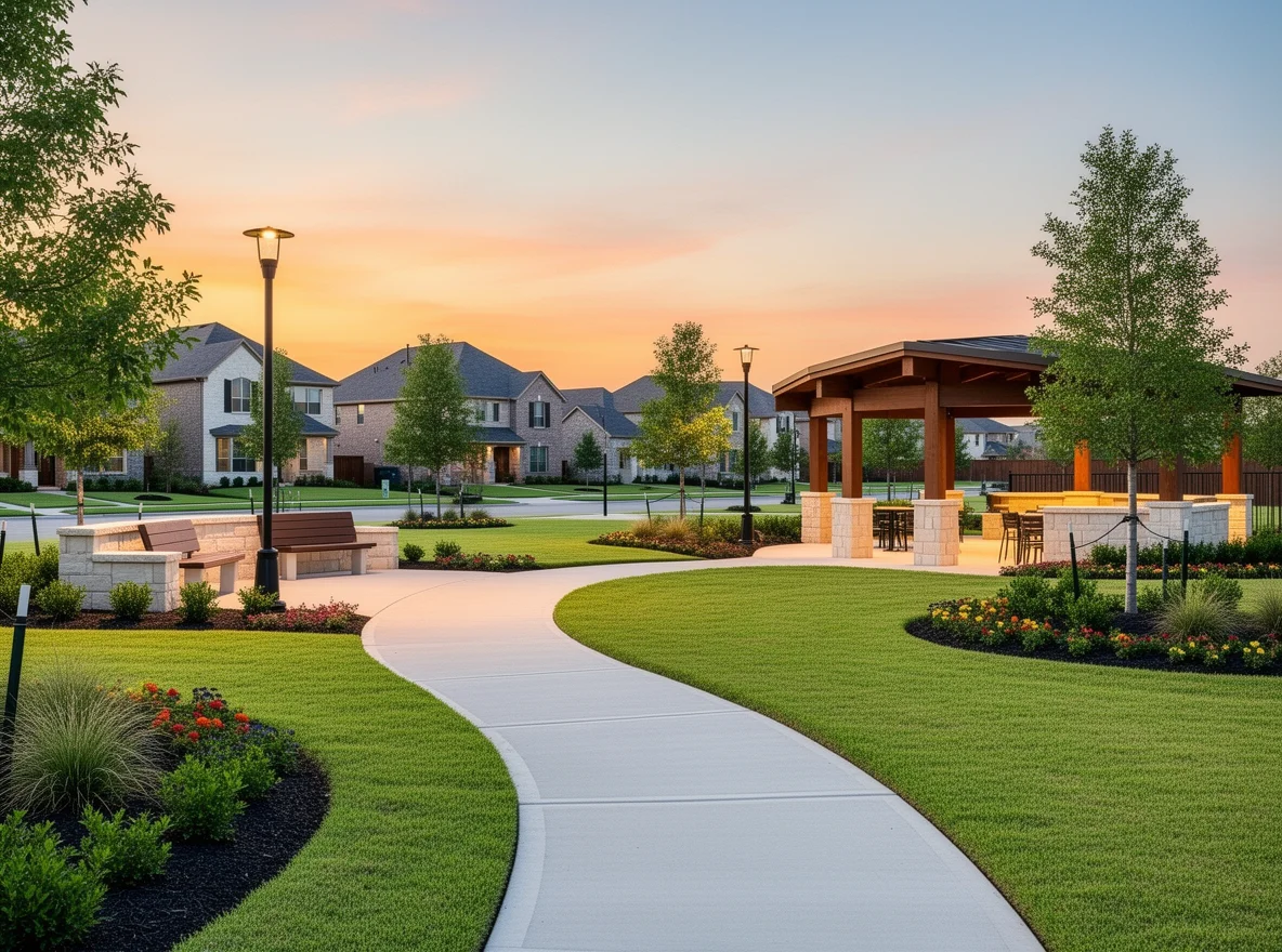 Sunset scene in a Plano park with a walking trail and community gathering area