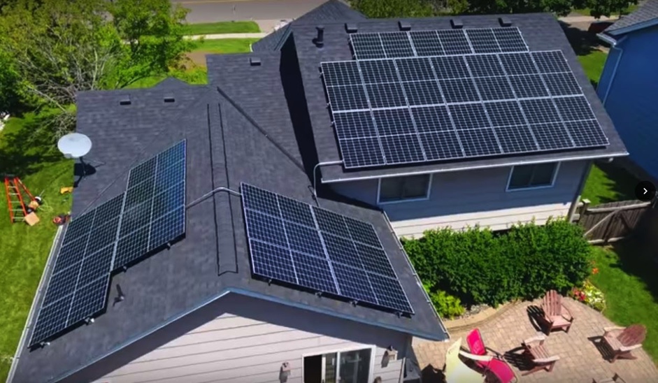 aerial view solar panels on large residential home
