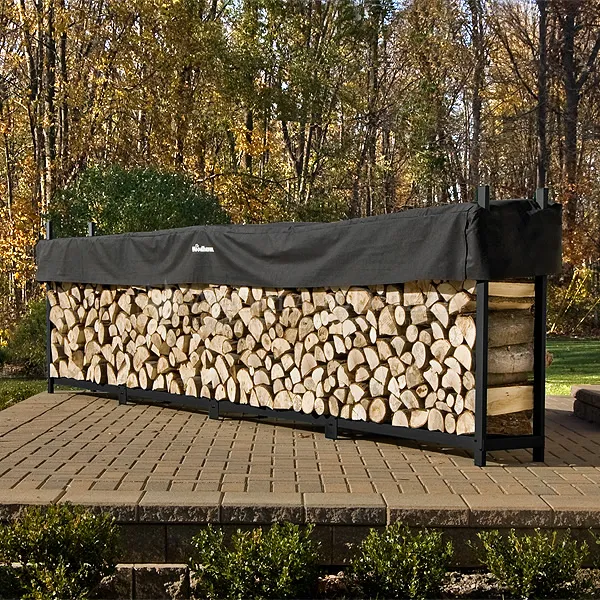 black firewood rack holding a ton of firewood from woodland direct