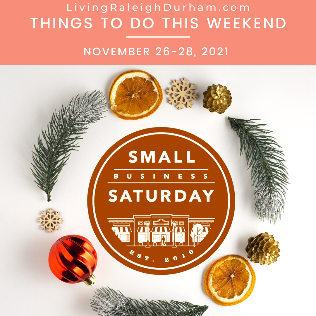Wreath surrounding the shop small symbol: Living Raleigh Durham November 26-28 Featured Event Shop Small Saturday