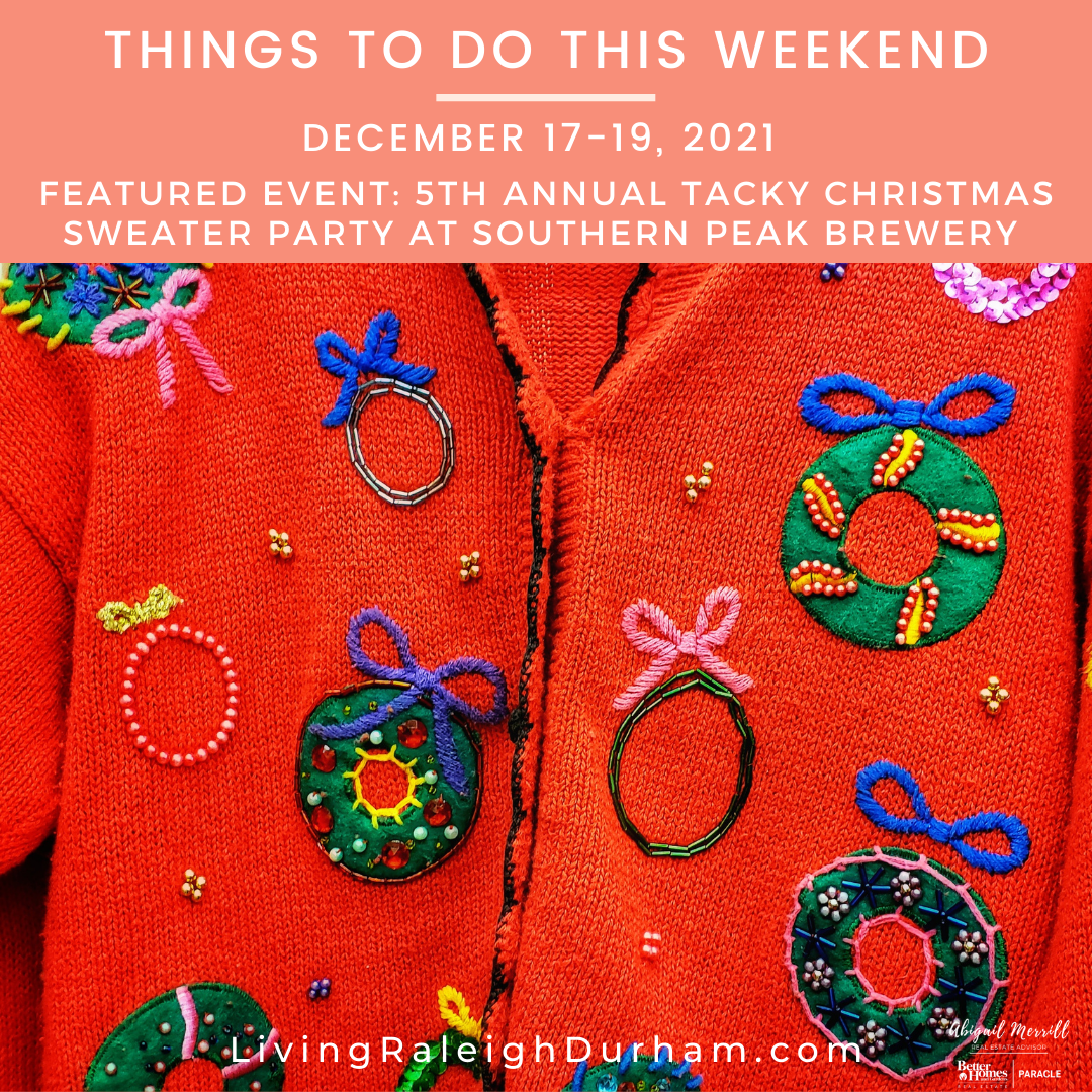 Ugly Christmas sweater with beading for Annual Tacky Christmas Sweater Party by Southern Peak Brewery Living Raleigh Durham December 17-19 Featured Event