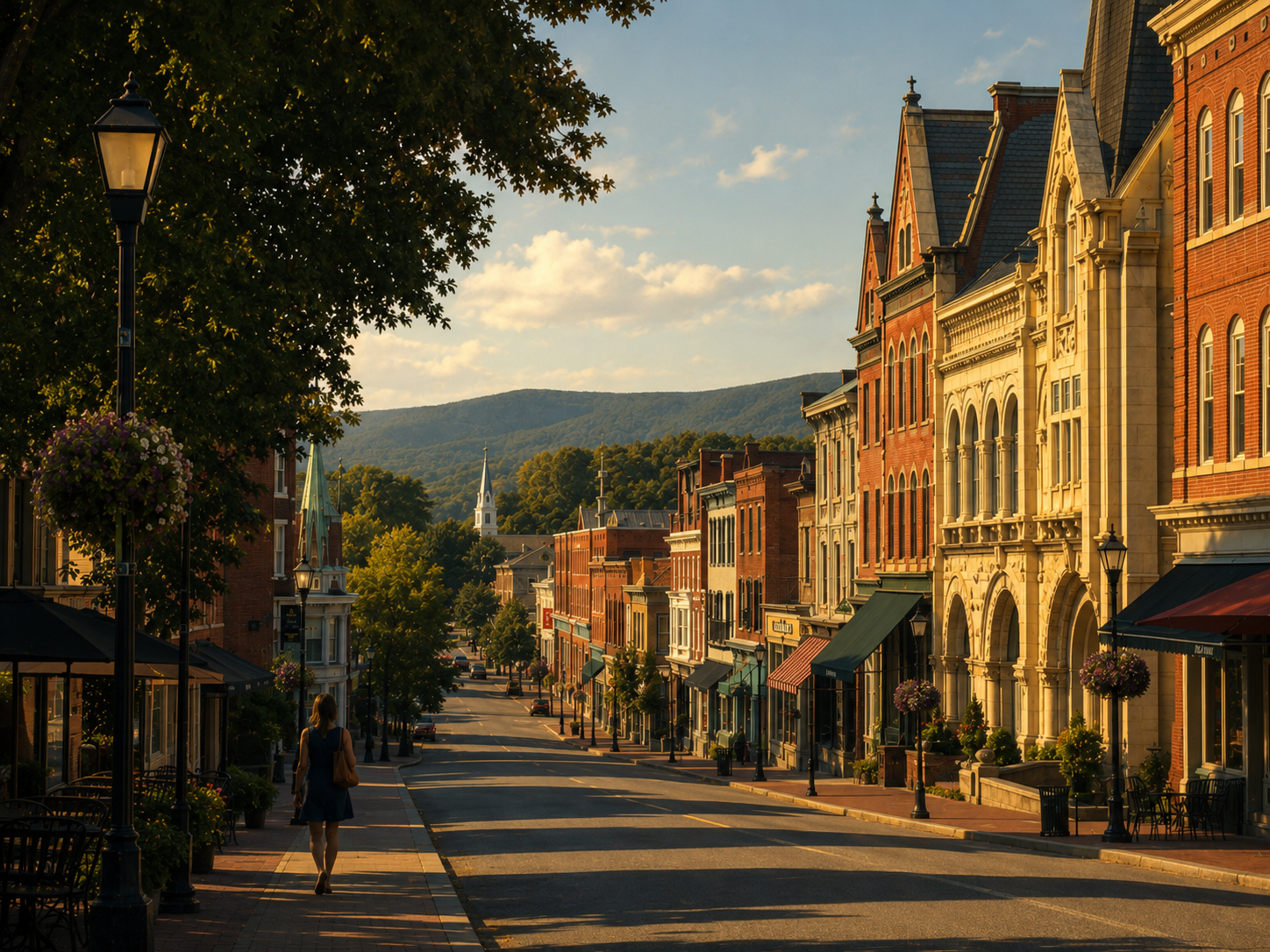 Staunton street scene at dusk illustration of a Staunton, VA street at dusk
