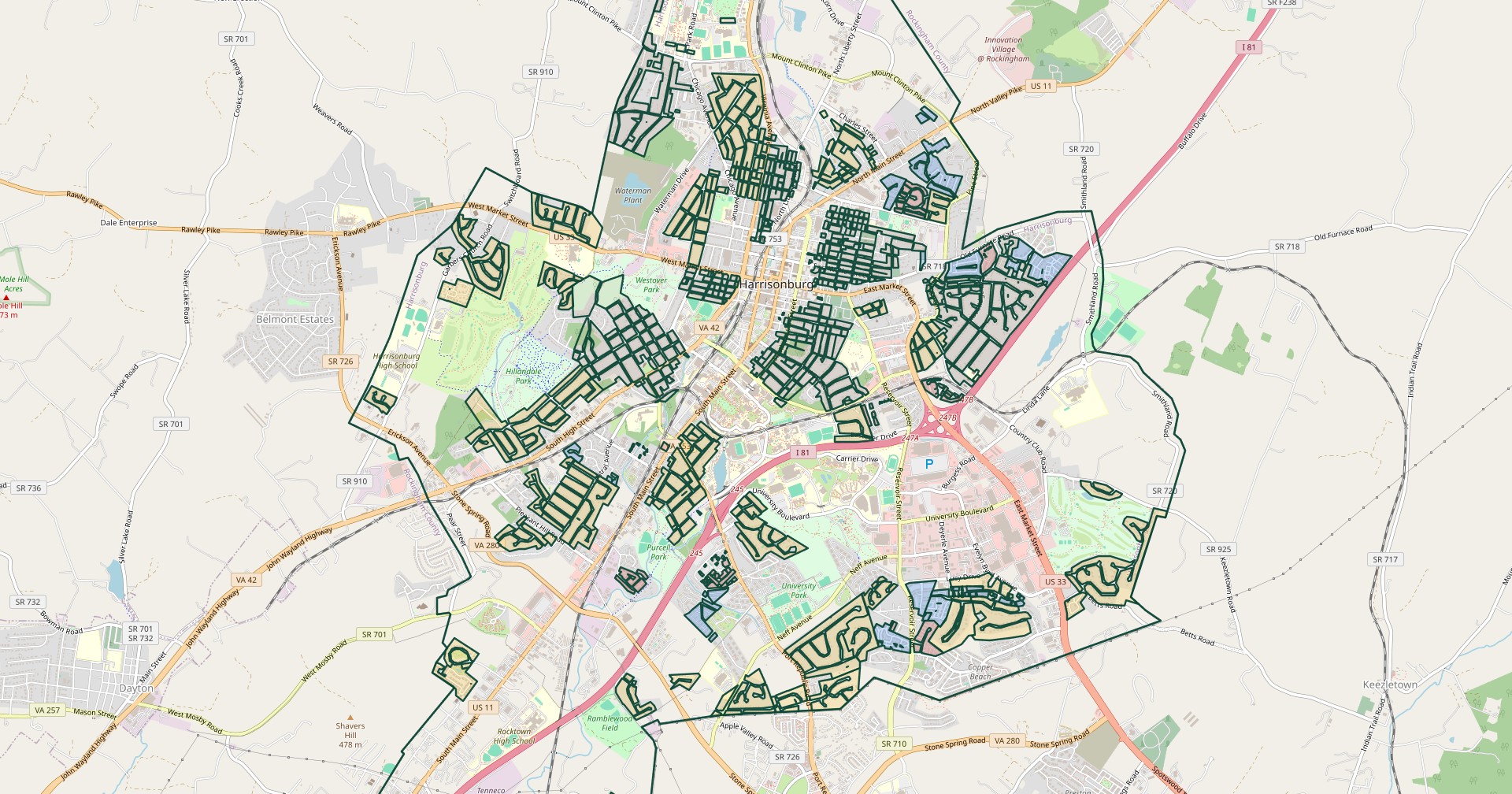 Map showing Harrisonburg neighborhoods