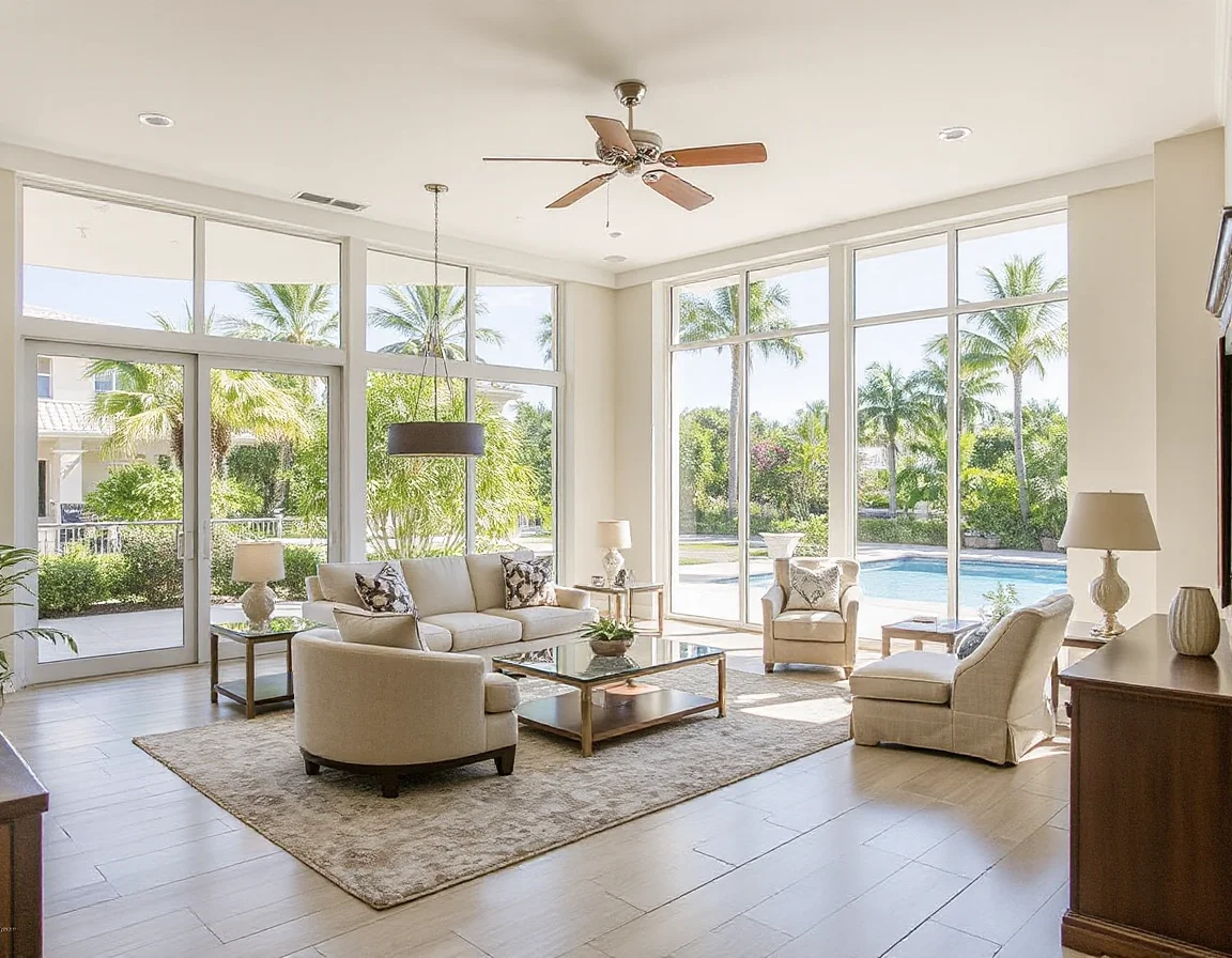 Naples living room with large storm-ready windows and sliding doors