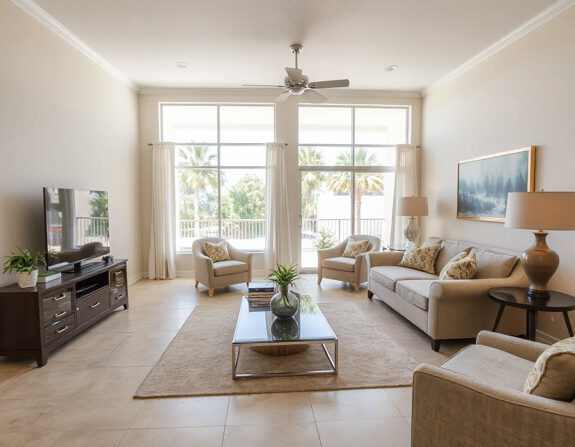 Bright and organized Fort Myers living room prepared for a home showing