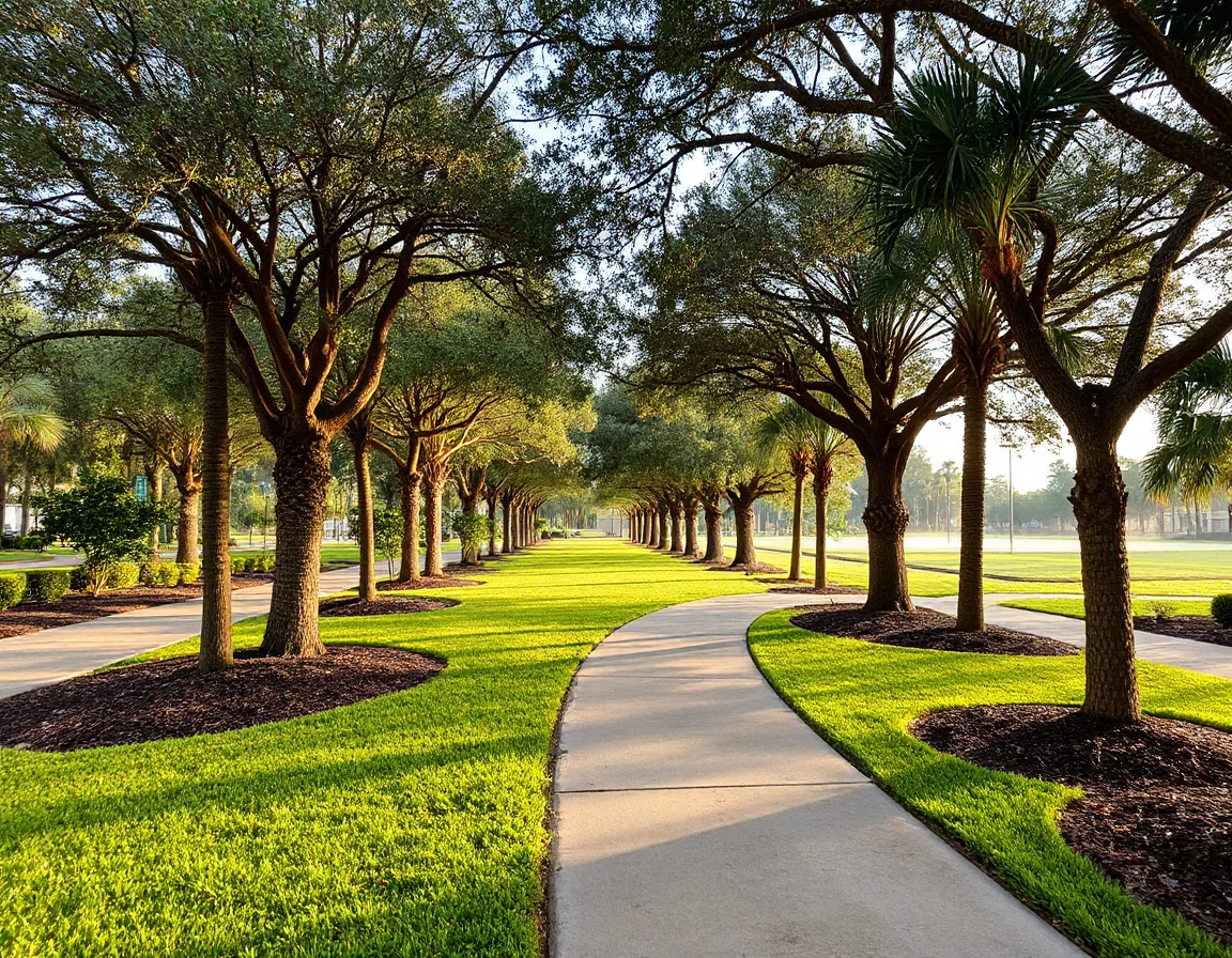 Palm-lined green space in Estero
