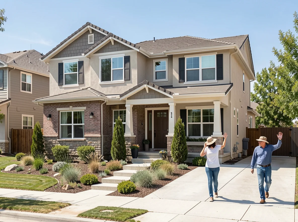 Contemporary Manteca home exterior with landscaped front yard