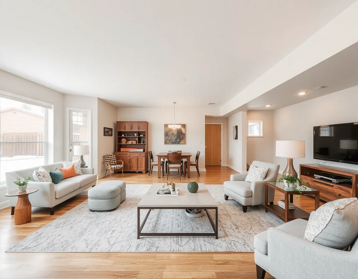 Bright staged living room prepared for listing photography