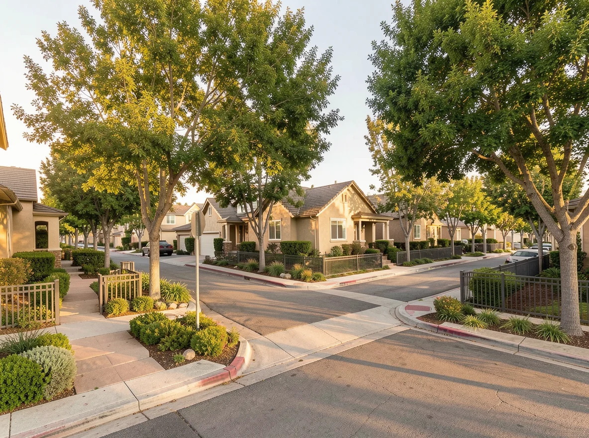 Tree-lined streetscape in Manteca
