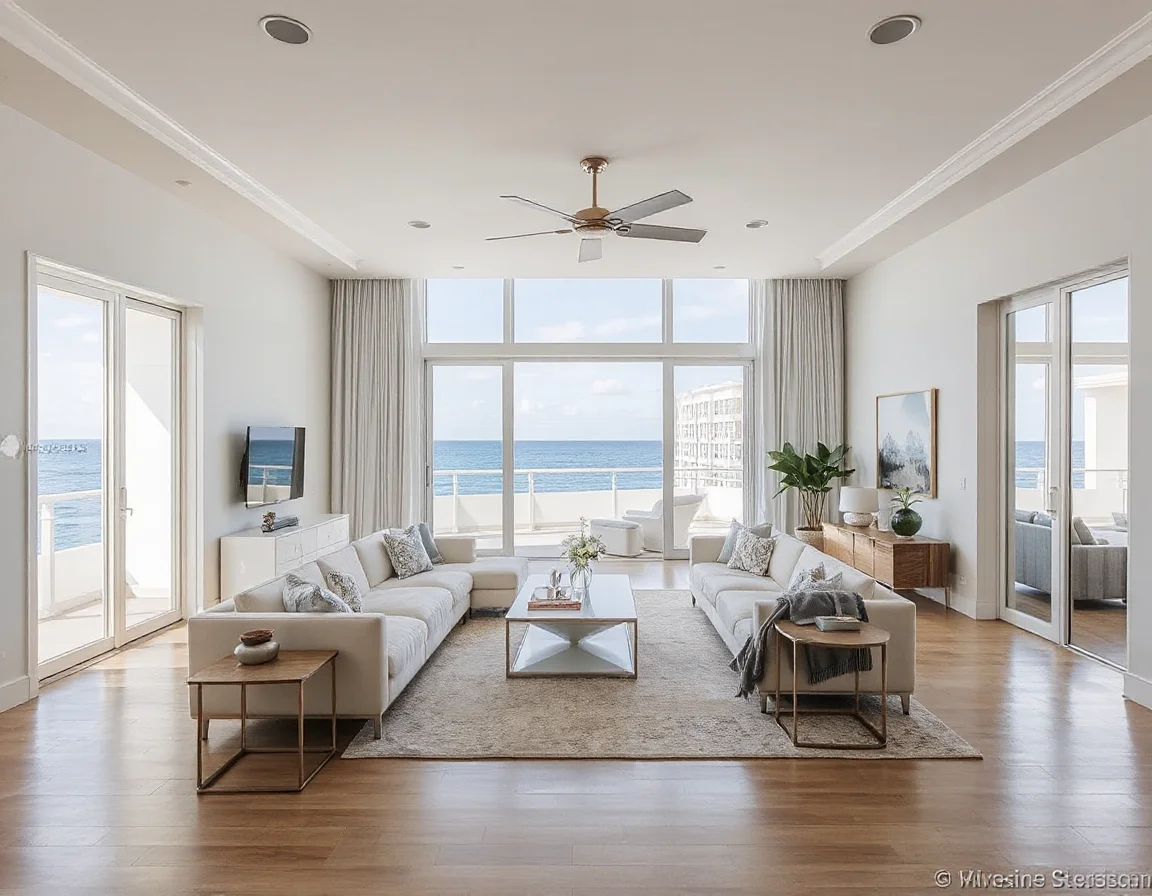 Living room with large windows oriented toward an ocean horizon