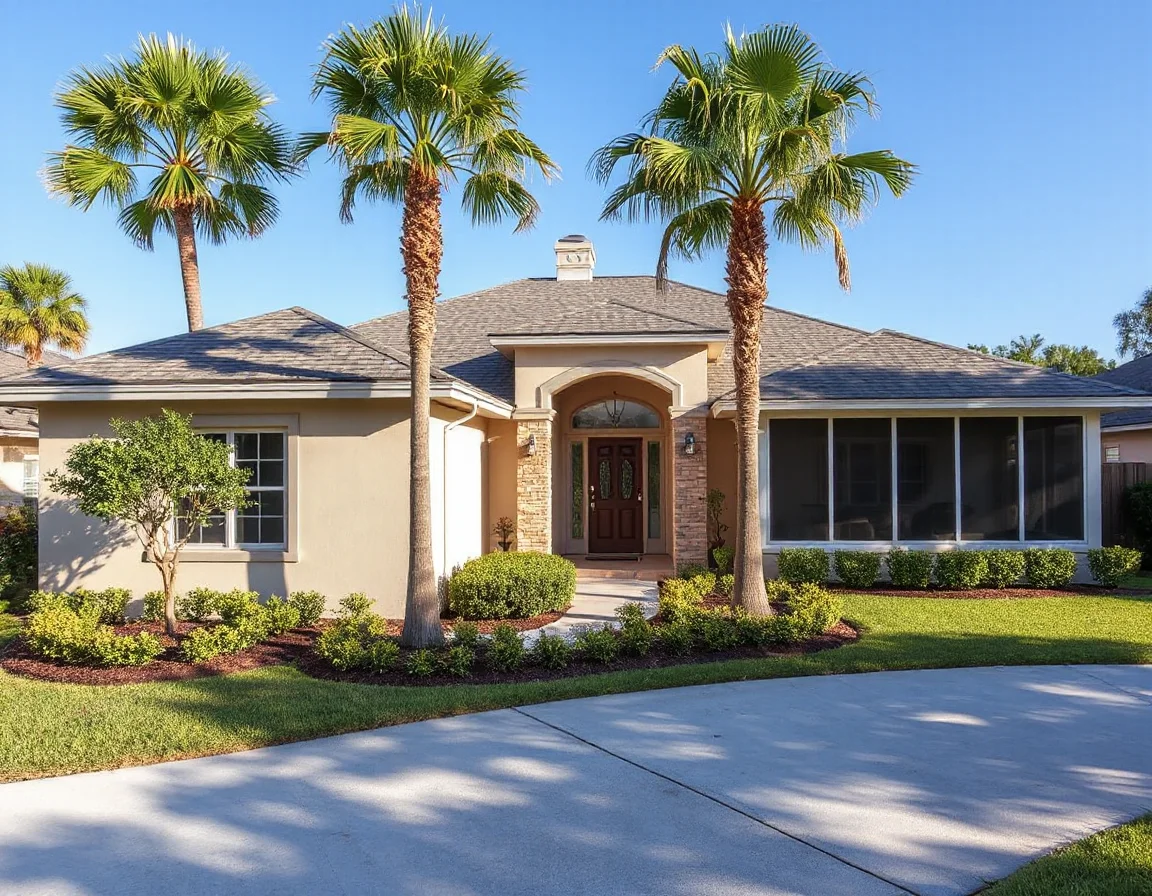 Florida home exterior with roof and landscaped yard