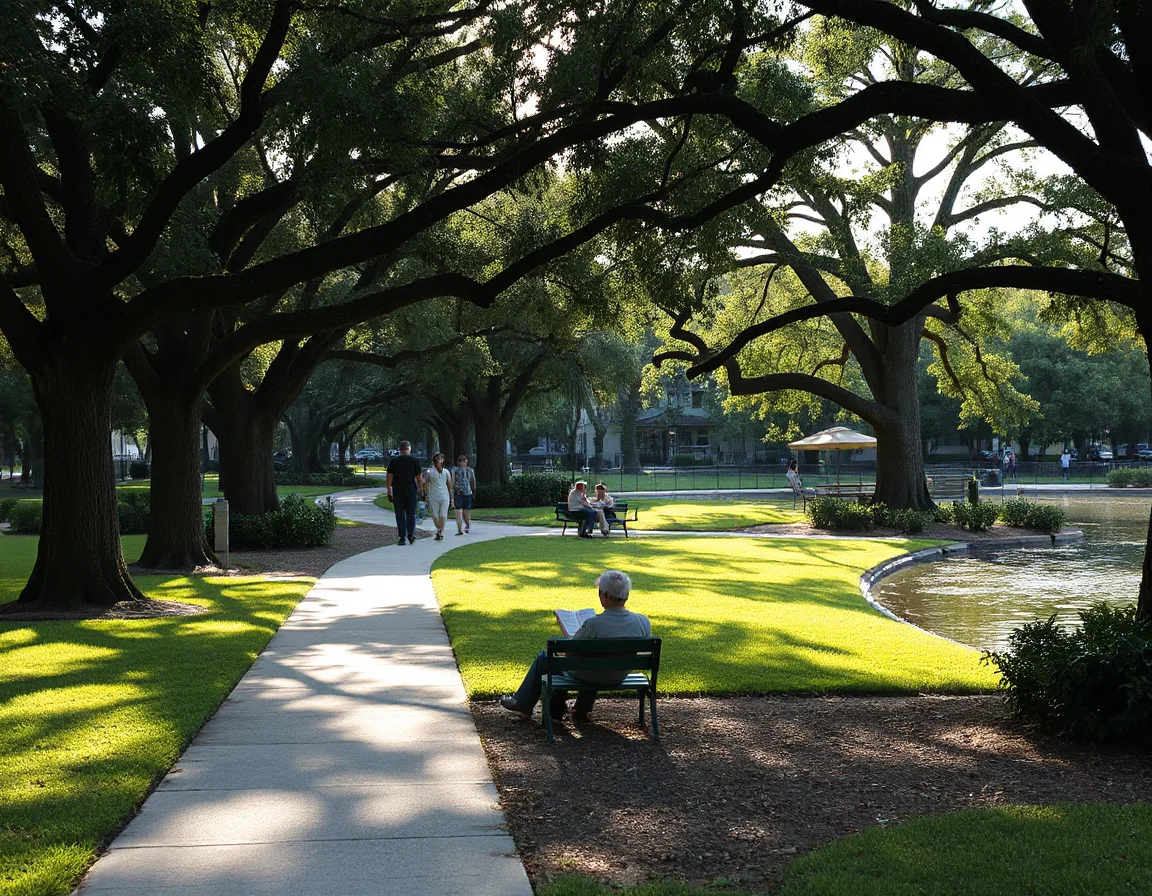 Tree-lined neighborhood park and walking path