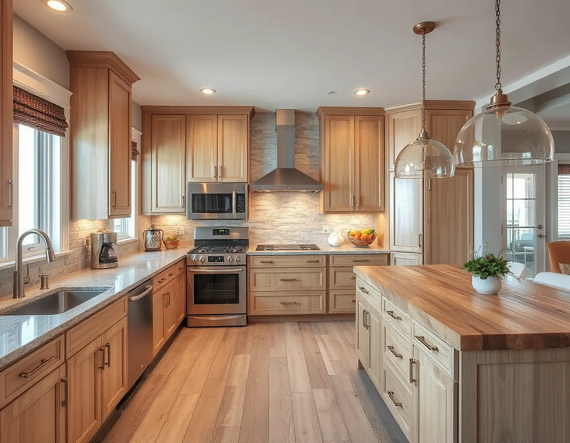 Coastal kitchen with light cabinetry, stone counters, and warm lighting