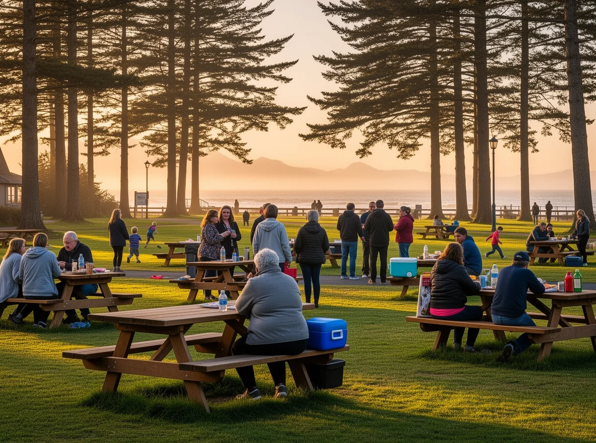 Community gathering in a park in Brookings, Oregon