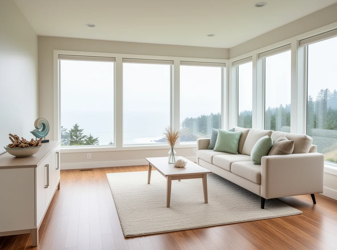 Bright coastal living room interior