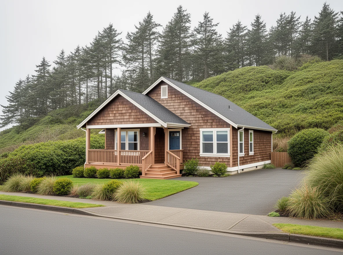 Coastal home exterior on a quiet street in Gold Beach, Oregon
