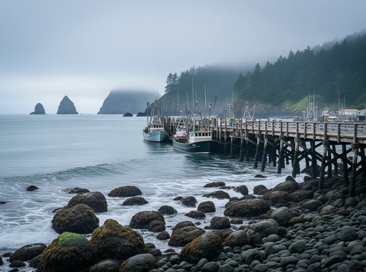 Harbor shoreline with boats on the Southern Oregon coast