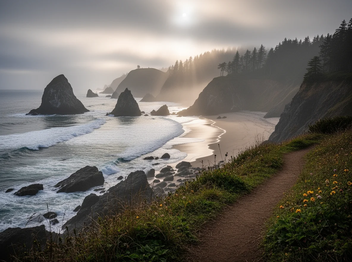 Rocky coastline and sea stacks near Gold Beach