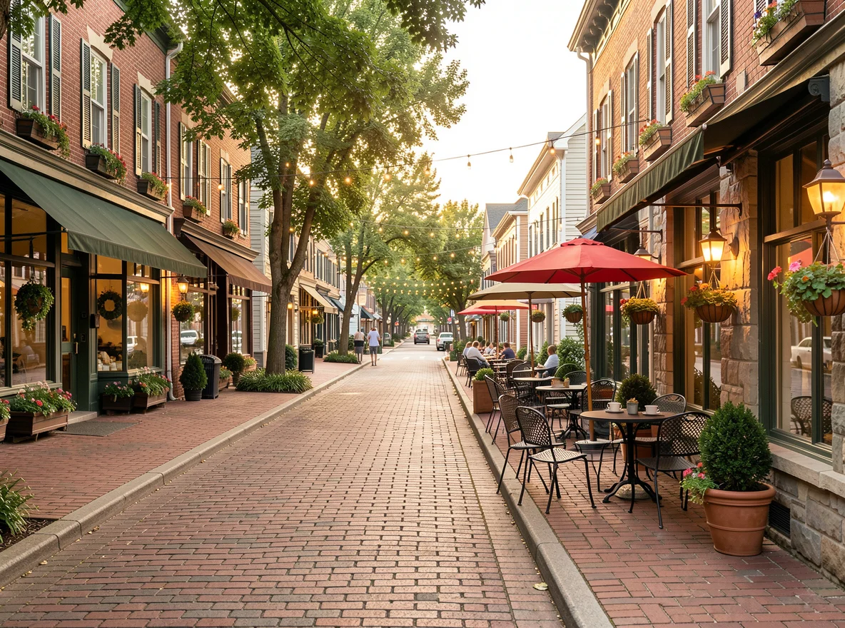 Town-center lifestyle scene representing suburban living with city access in Baltimore County