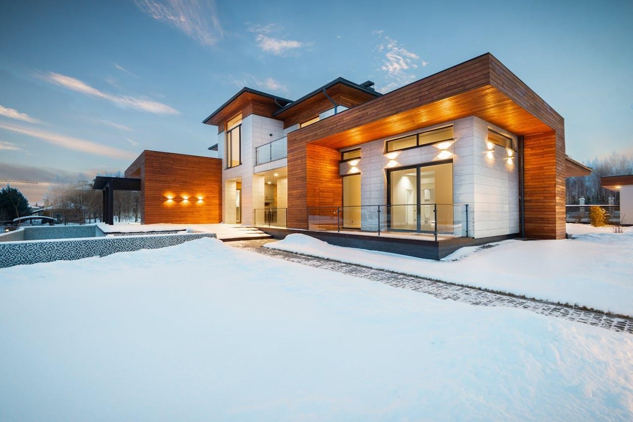 Luxurious cottage house facade during winter