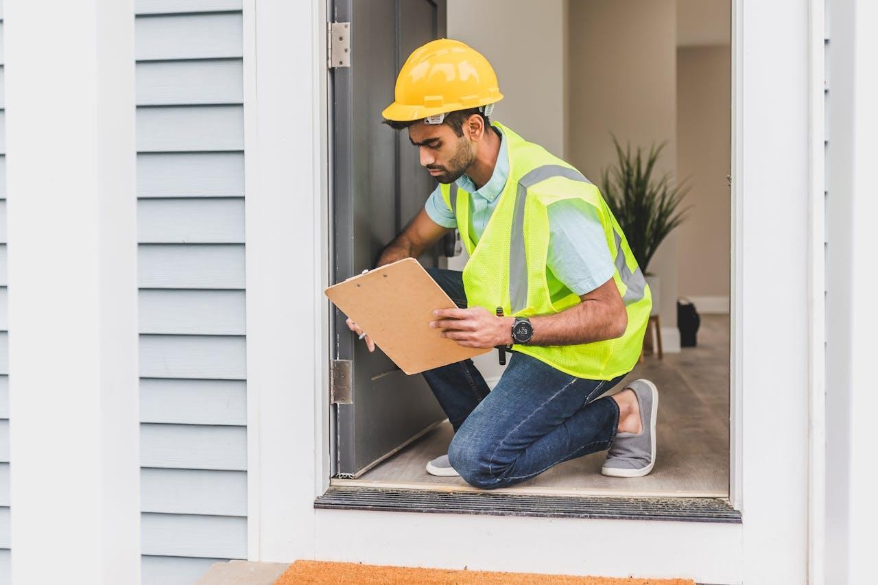 A person in a yellow safety vest and a yellow hard hat conducting a home inspection