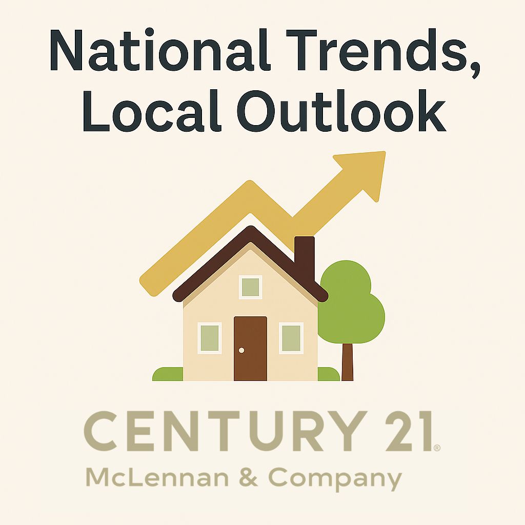 Century 21 McLennan & Company 2025 graphic highlighting national housing trends and local market strength, featuring a house with an upward arrow symbolizing growth.