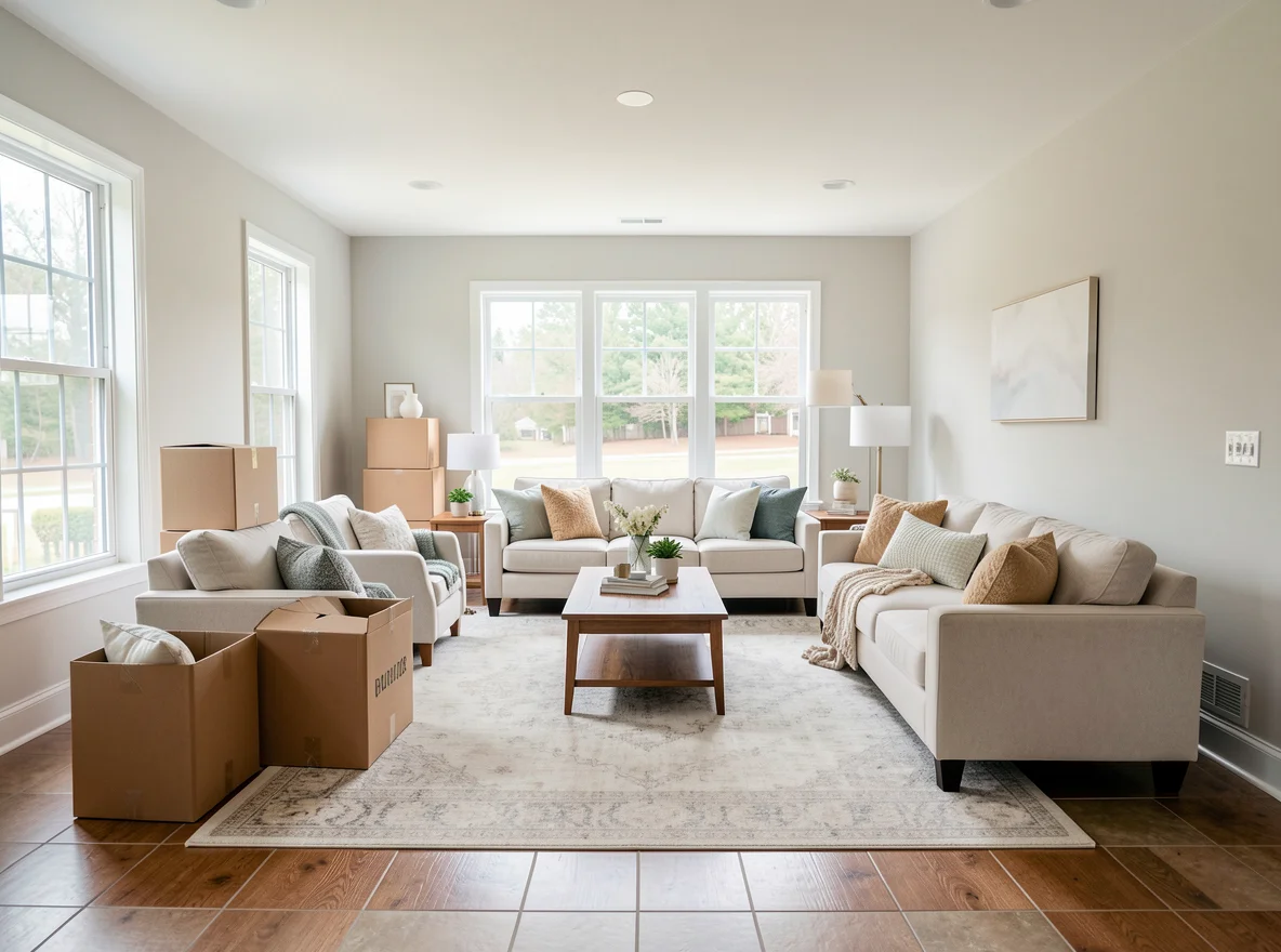 Bright living room with moving boxes during a Nashville move-in