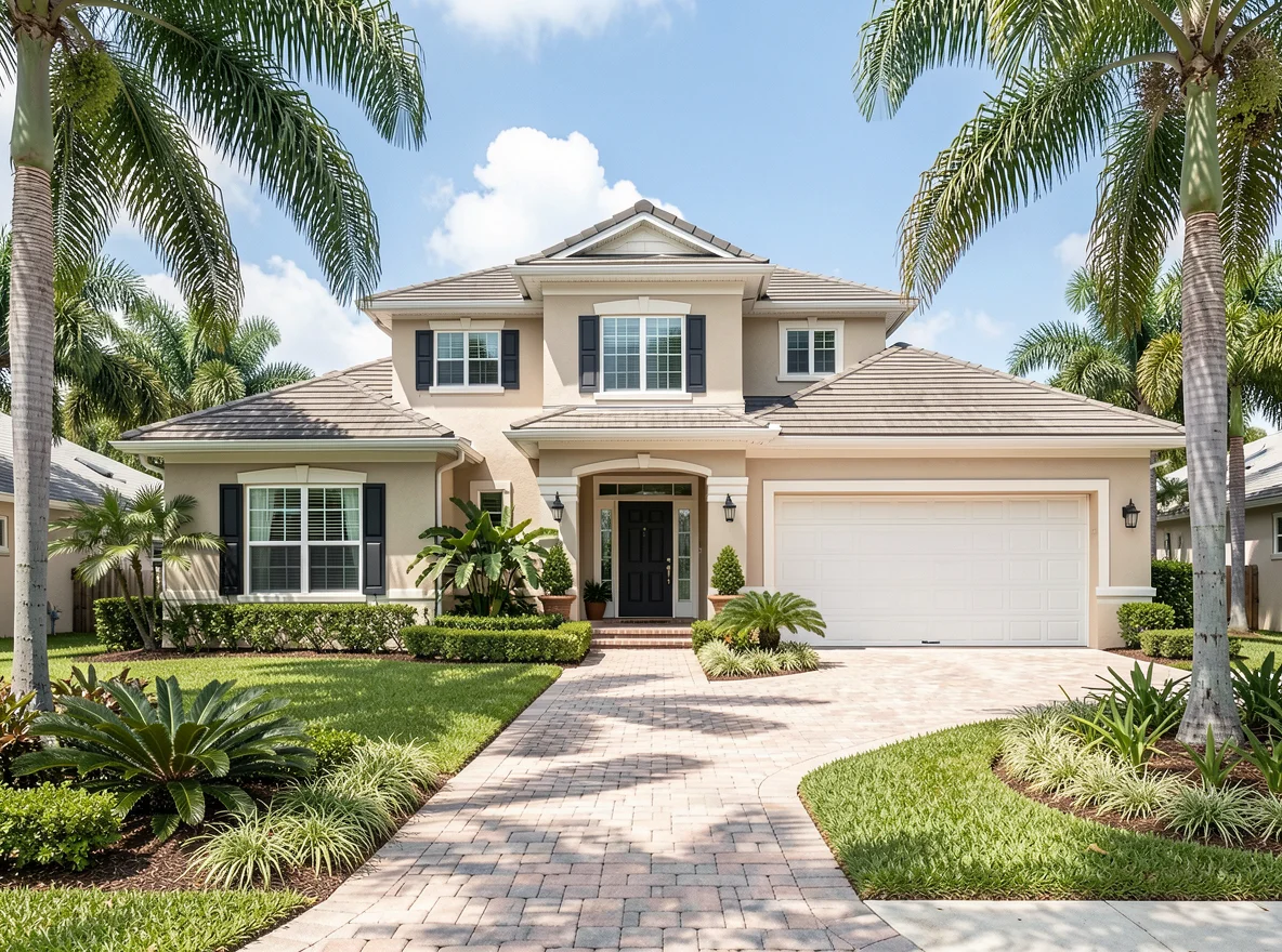 Florida home exterior with tropical landscaping