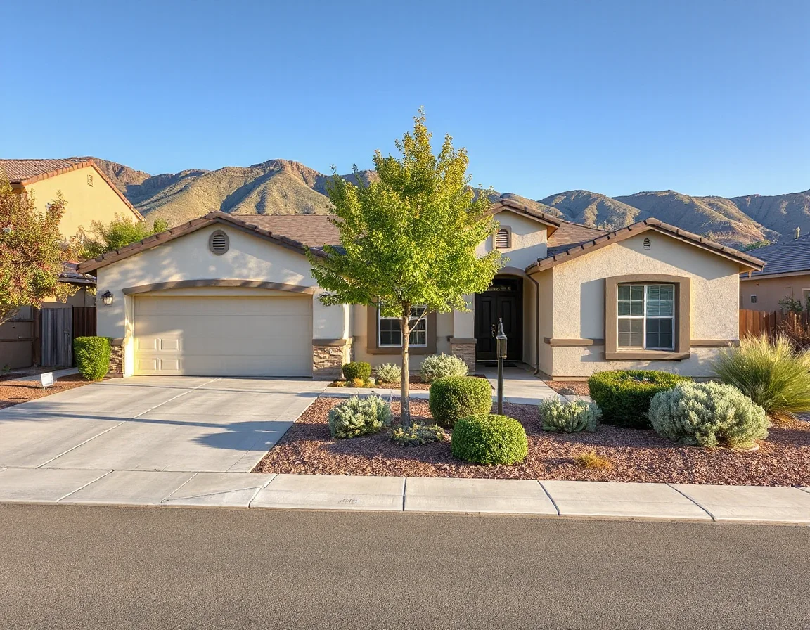 Contemporary Inland Empire home exterior with landscaped front yard