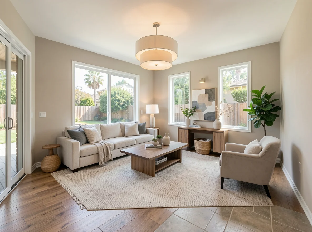 Sunlit living area with neutral finishes in Los Angeles