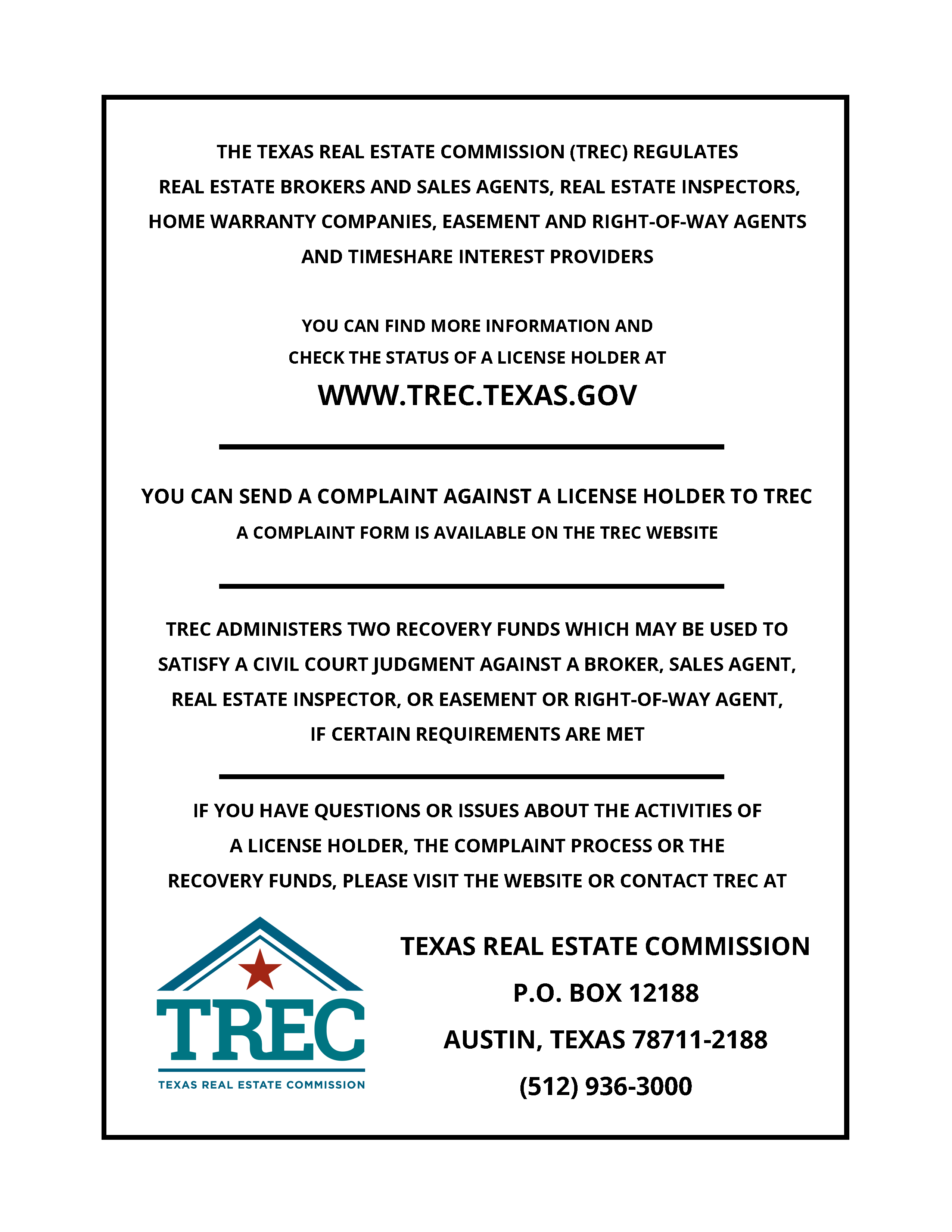 TREC Consumer Protection Notice - Castle Hills Real Estate TREC Consumer Protection Notice - Castle Hills Real Estate