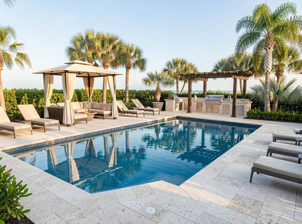 Coastal pool patio and outdoor living space in West Palm Beach