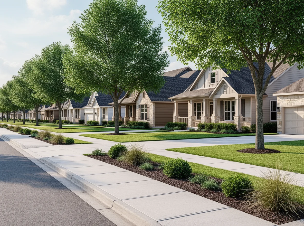 New construction neighborhood streetscape in Belton, Texas