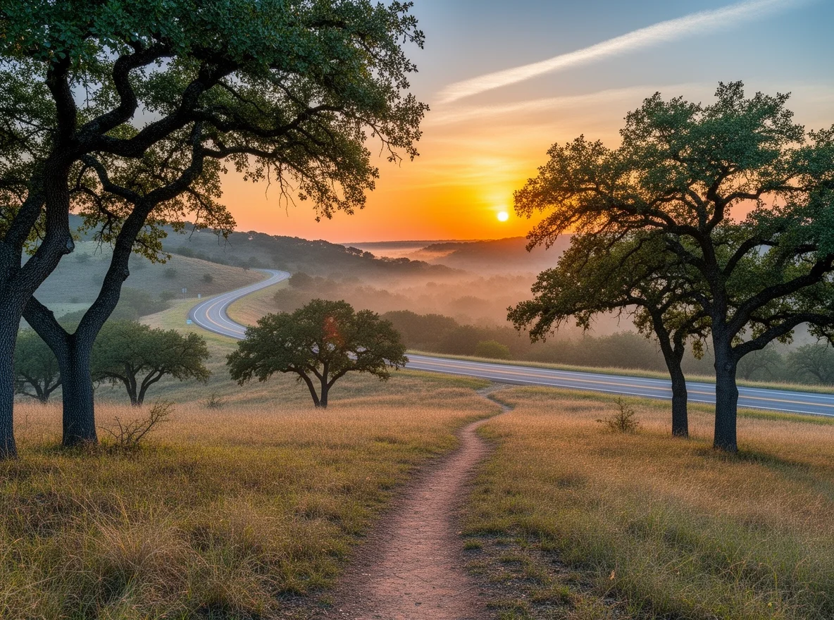Sunrise countryside view near Salado, Texas with highway access