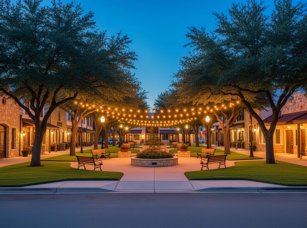 Community gathering in a tree-lined village square in Salado, Texas