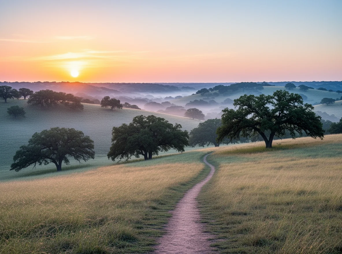 Sunrise over open Texas hill country near Killeen