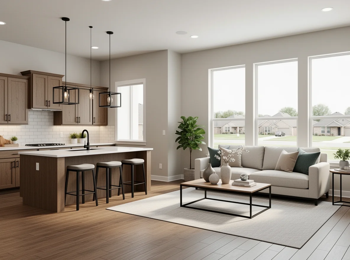 Staged open-concept living room and kitchen with modern lighting in Belton, Texas