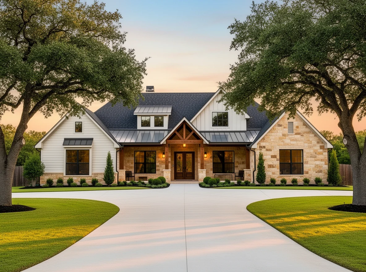 Luxury custom home exterior with trees and a long driveway in Belton, Texas