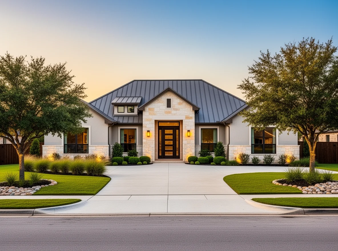 Newer luxury-style home exterior with tidy landscaping in Belton, Texas