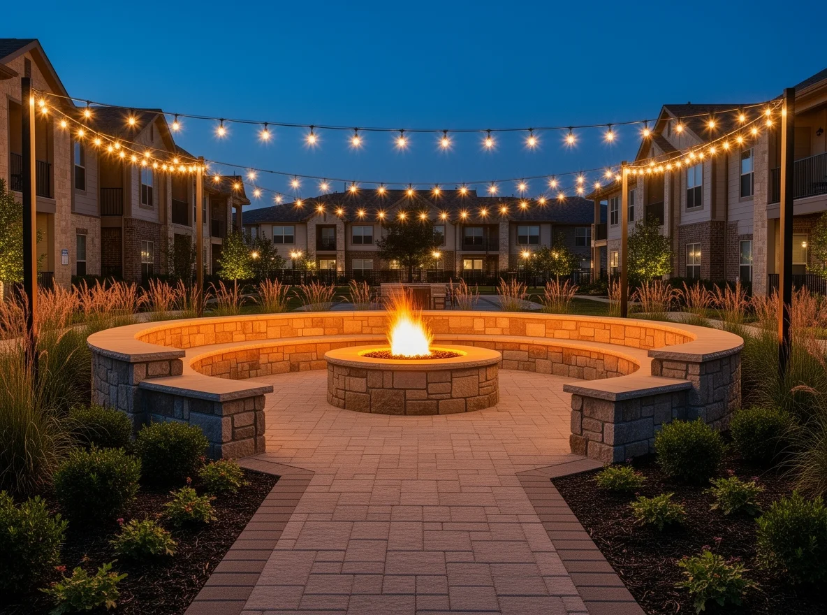 Outdoor community gathering area with fire pit and landscaped seating in Belton