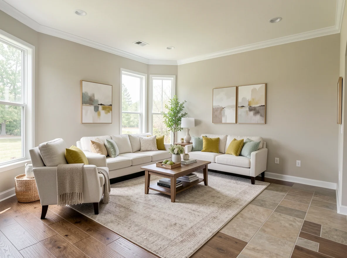 Bright staged living room with spring appeal