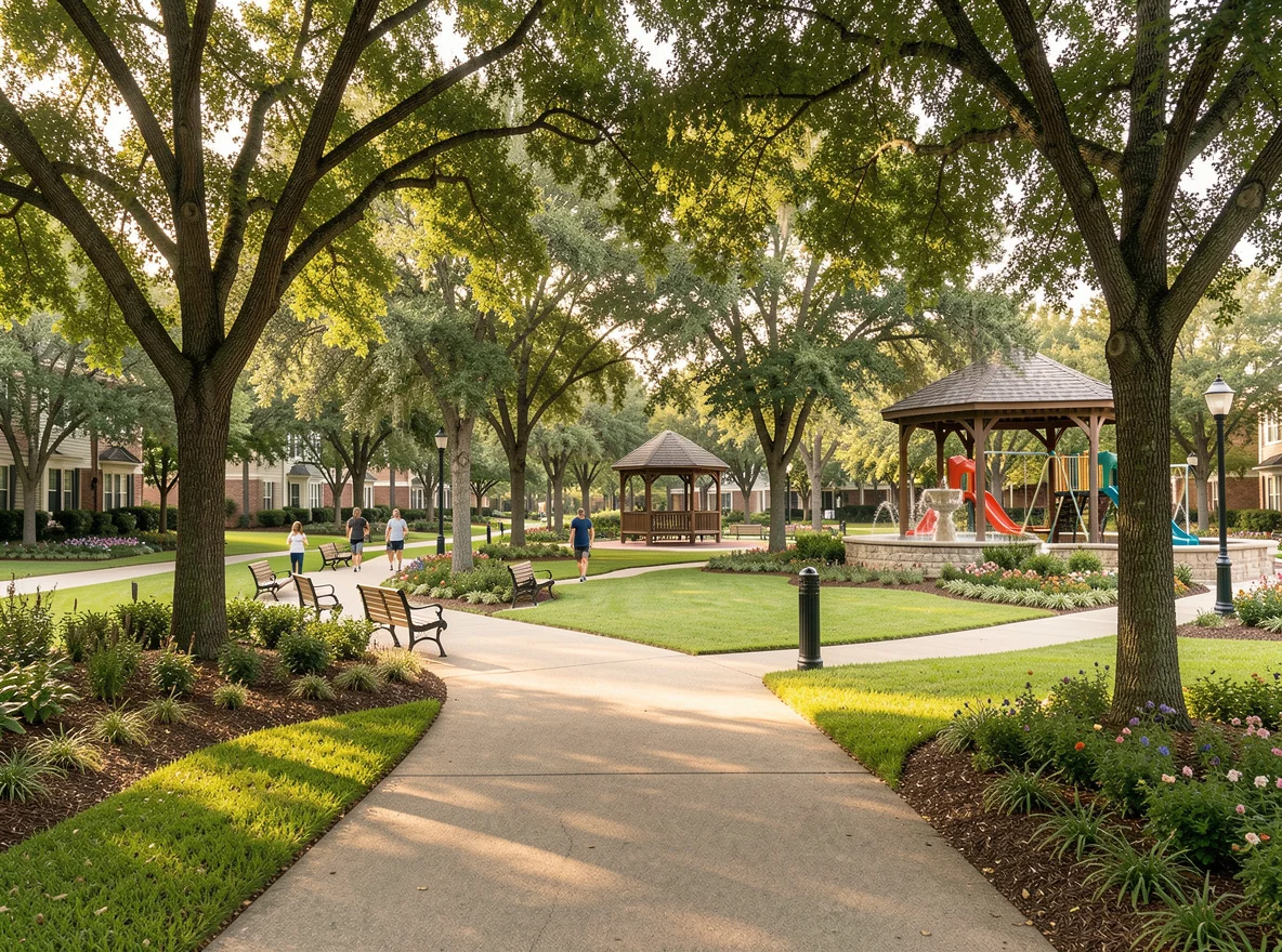 Tree-lined trail and green space in The Woodlands